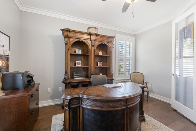 862 Bay Grove Rd, Freeport, FL 32439 - home office with baseboards, a ceiling fan, dark wood-style floors, and ornamental molding