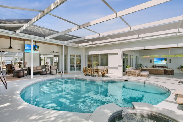view of swimming pool featuring an outdoor living space, outdoor dining space, ceiling fan, and a patio