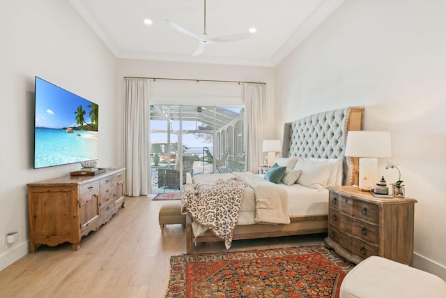 bedroom with ornamental molding, baseboards, access to exterior, and light wood-type flooring