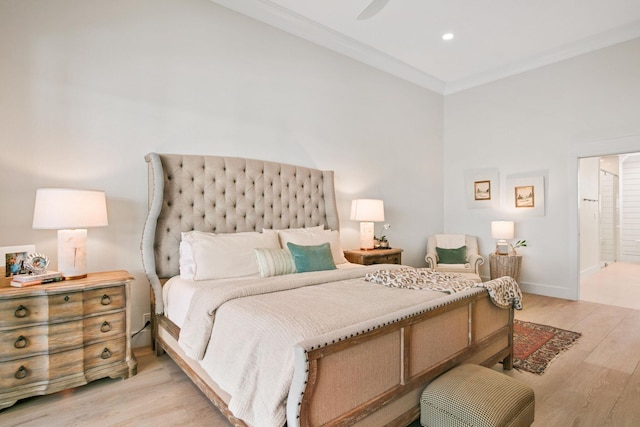 bedroom with crown molding, recessed lighting, baseboards, light wood finished floors, and ceiling fan