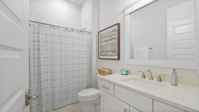 bathroom featuring curtained shower, toilet, and vanity