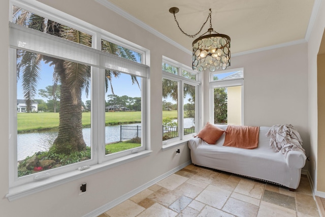 1124 Willowood Cir, Gulf Breeze, FL 32563 - sunroom / solarium with baseboards, a water view, stone tile flooring, ornamental molding, and a chandelier