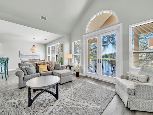 8562 Turnberry Dr Unit 8562, Miramar Beach, FL 32550 - living room featuring plenty of natural light, french doors, wood finished floors, baseboards, and vaulted ceiling