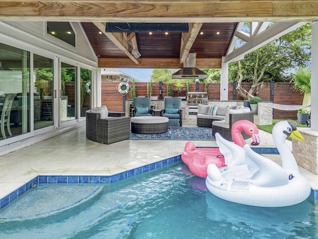 52 Secret Harbor Dr, Miramar Beach, FL 32550 - view of swimming pool featuring fence, a patio area, area for grilling, and grilling area