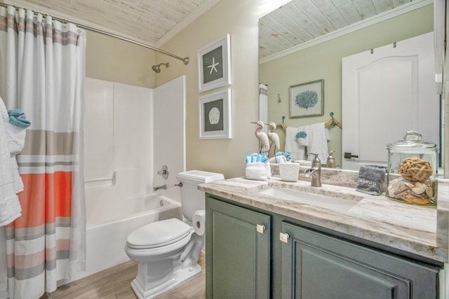 52 Secret Harbor Dr, Miramar Beach, FL 32550 - full bath with wood finished floors, wooden ceiling, toilet, crown molding, and shower / tub combo with curtain