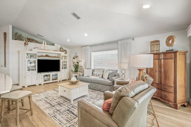 52 Secret Harbor Dr, Miramar Beach, FL 32550 - living room with lofted ceiling, light wood finished floors, and recessed lighting