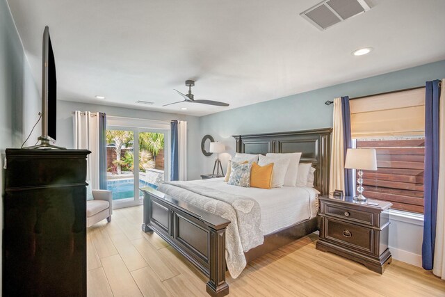 52 Secret Harbor Dr, Miramar Beach, FL 32550 - bedroom with access to exterior, light wood-style floors, ceiling fan, recessed lighting, and baseboards