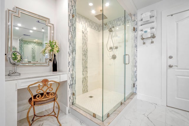 52 Secret Harbor Dr, Miramar Beach, FL 32550 - full bath with a stall shower, marble finish flooring, baseboards, and recessed lighting