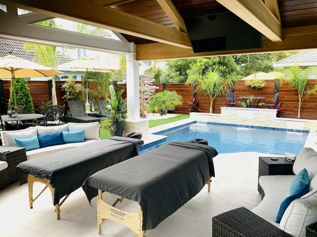 52 Secret Harbor Dr, Miramar Beach, FL 32550 - view of pool with outdoor lounge area, a fenced backyard, a patio, and outdoor dining space