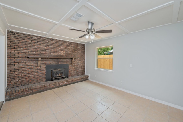 unfurnished living room with visible vents, baseboards, tile patterned floors, a ceiling fan, and coffered ceiling