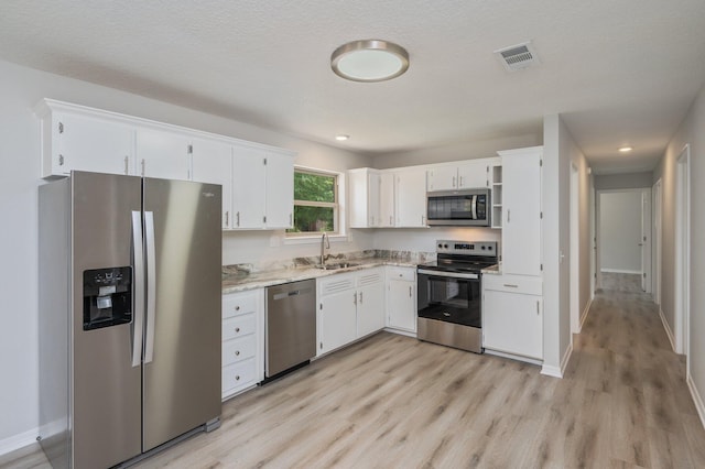 kitchen featuring white cabinets, a sink, stainless steel appliances, light wood-type flooring, and visible vents
