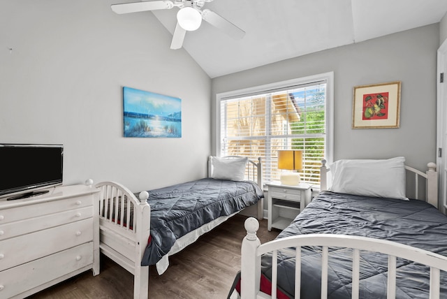 bedroom featuring wood finished floors, a ceiling fan, and vaulted ceiling