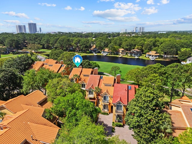 aerial view featuring a water view