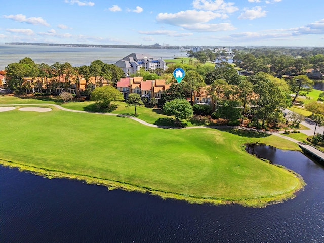 aerial view with a water view and golf course view