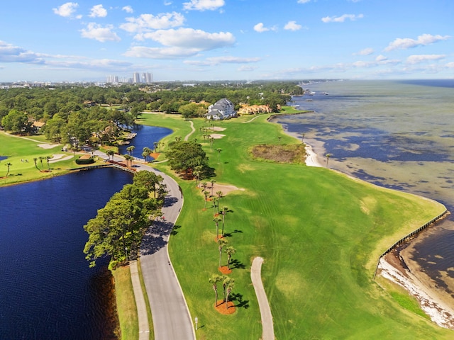 aerial view featuring a water view and golf course view