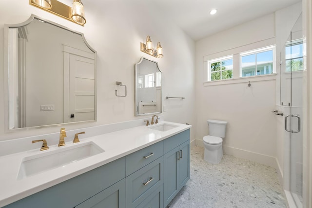 272 Beach Bike Way, Seacrest, FL 32461 - bathroom with double vanity, baseboards, toilet, a shower with door, and recessed lighting