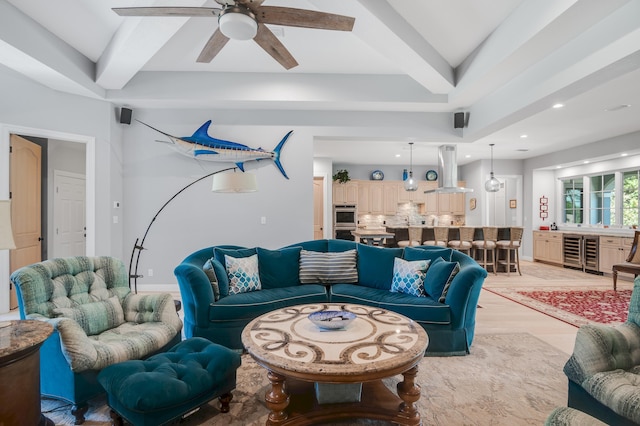 21 S Anchors Lake Dr, Santa Rosa Beach, FL 32459 - living area with light wood-style flooring, ceiling fan, beamed ceiling, and recessed lighting