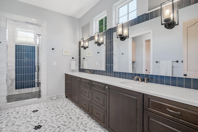21 S Anchors Lake Dr, Santa Rosa Beach, FL 32459 - full bath with a sink, tasteful backsplash, a shower stall, and double vanity
