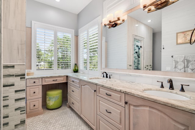 21 S Anchors Lake Dr, Santa Rosa Beach, FL 32459 - bathroom with double vanity, a sink, and wooden walls