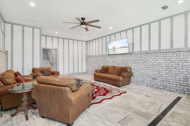 21 S Anchors Lake Dr, Santa Rosa Beach, FL 32459 - living area featuring recessed lighting, stairs, visible vents, and ceiling fan