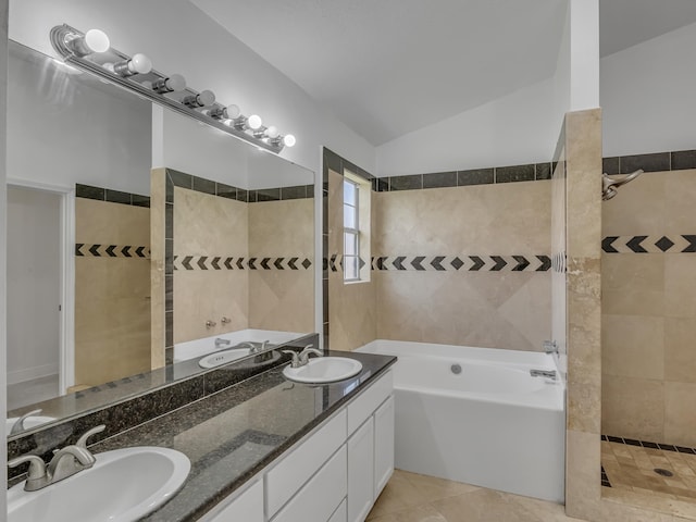 27 Hidden Harbor Ln, Miramar Beach, FL 32550 - bathroom featuring a garden tub, double vanity, a tile shower, vaulted ceiling, and tile patterned floors