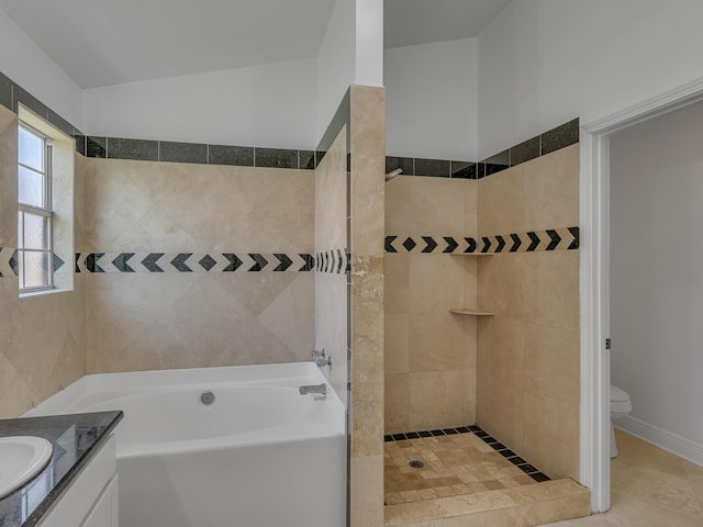 27 Hidden Harbor Ln, Miramar Beach, FL 32550 - full bathroom with vanity, a tile shower, a garden tub, and toilet