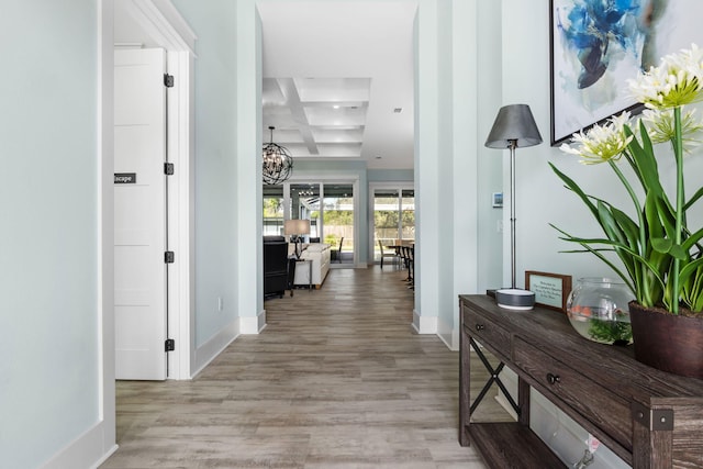 corridor featuring a chandelier, light wood-style flooring, baseboards, and coffered ceiling