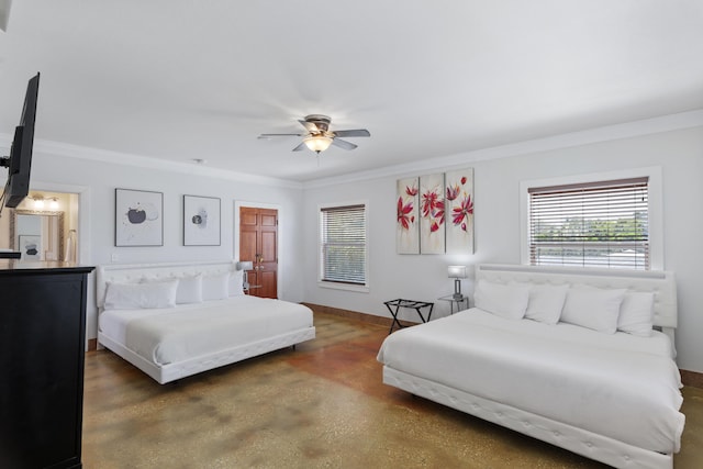 bedroom with finished concrete floors, ornamental molding, baseboards, and a ceiling fan