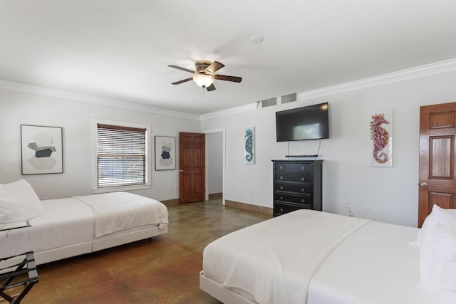 bedroom with visible vents, ornamental molding, baseboards, ceiling fan, and concrete floors