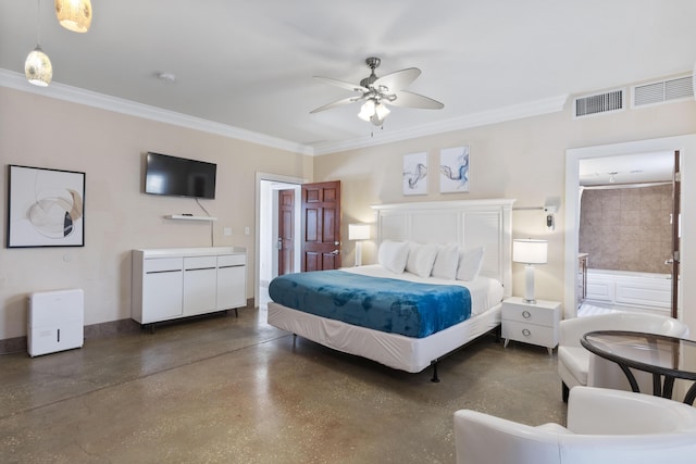 bedroom featuring crown molding, visible vents, finished concrete floors, and ensuite bath