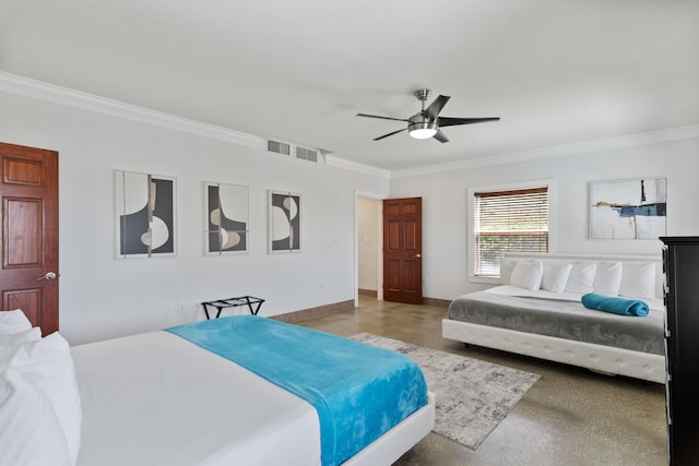 bedroom with crown molding, visible vents, baseboards, finished concrete floors, and a ceiling fan