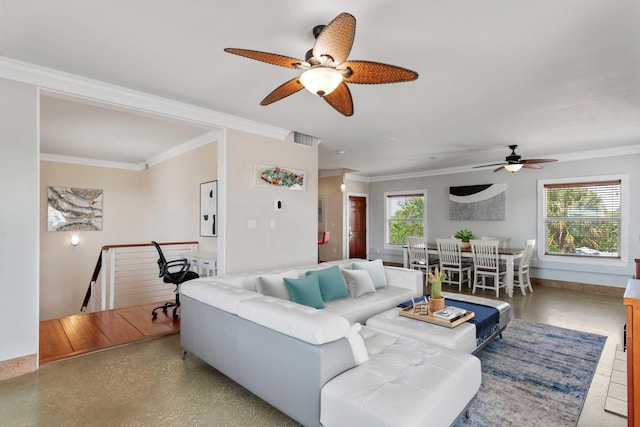 living area featuring ceiling fan, ornamental molding, and visible vents