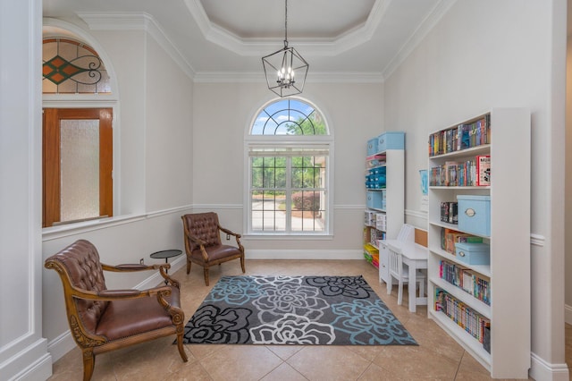 4594 Nautical Ct, Destin, FL 32541 - sitting room with an inviting chandelier, crown molding, tile patterned floors, and a tray ceiling