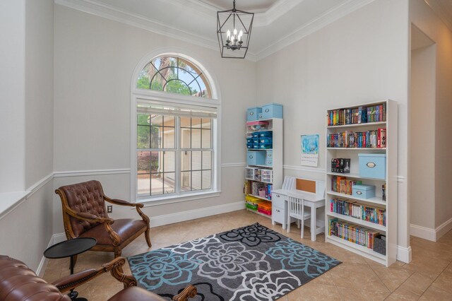 4594 Nautical Ct, Destin, FL 32541 - living area featuring crown molding, baseboards, tile patterned flooring, and an inviting chandelier