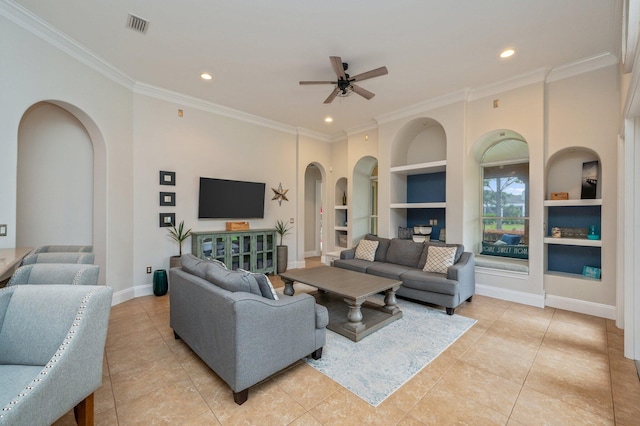 4594 Nautical Ct, Destin, FL 32541 - living room with visible vents, arched walkways, built in features, and a ceiling fan