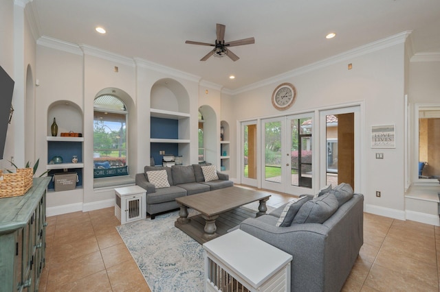 4594 Nautical Ct, Destin, FL 32541 - living area featuring crown molding, built in features, baseboards, ceiling fan, and light tile patterned floors