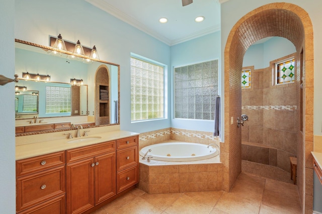 4594 Nautical Ct, Destin, FL 32541 - full bath featuring vanity, ornamental molding, a jetted tub, a walk in shower, and tile patterned floors