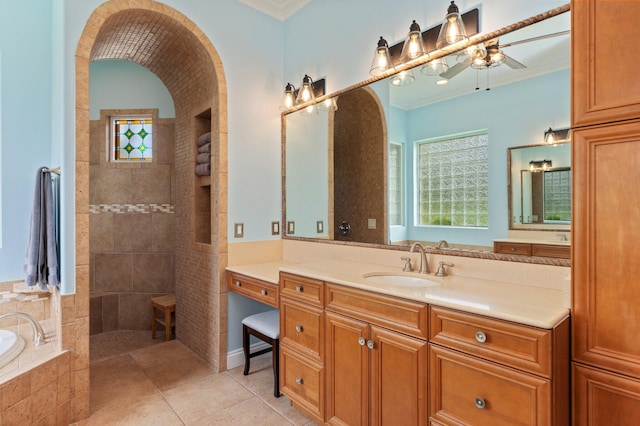 4594 Nautical Ct, Destin, FL 32541 - full bath featuring crown molding, walk in shower, vanity, tile patterned floors, and a ceiling fan