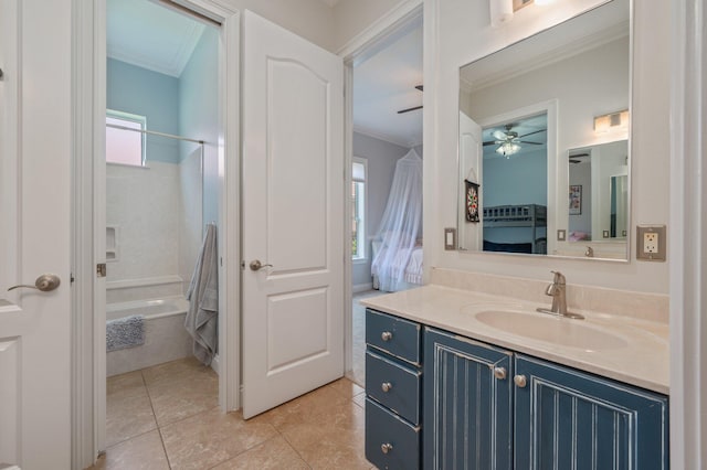 4594 Nautical Ct, Destin, FL 32541 - full bathroom with shower / tub combination, tile patterned flooring, vanity, a ceiling fan, and ornamental molding