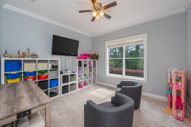 4594 Nautical Ct, Destin, FL 32541 - recreation room with carpet floors, ornamental molding, baseboards, and a ceiling fan