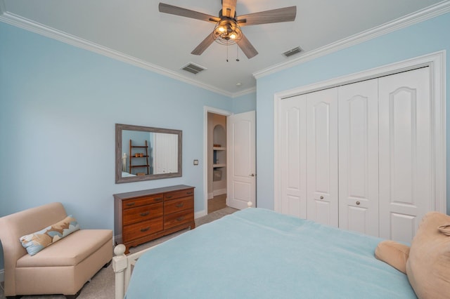 4594 Nautical Ct, Destin, FL 32541 - carpeted bedroom with baseboards, ornamental molding, a closet, and visible vents