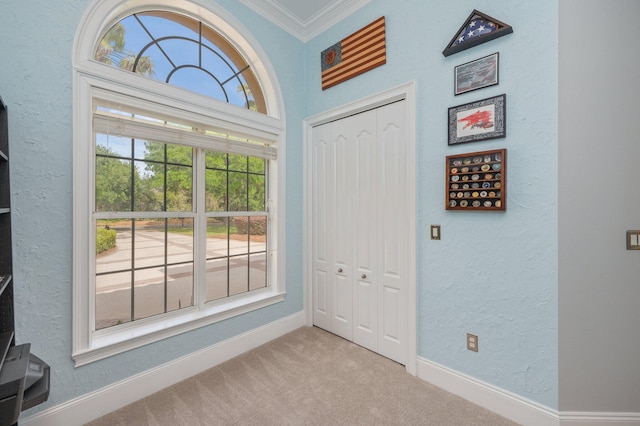 4594 Nautical Ct, Destin, FL 32541 - foyer with baseboards, ornamental molding, carpet flooring, and a textured wall