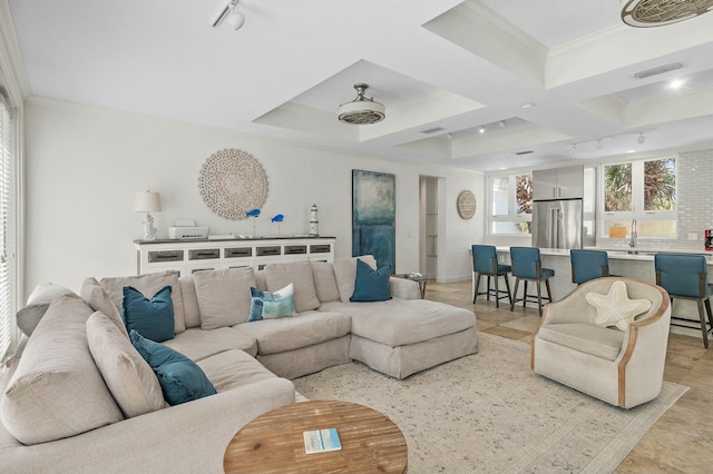 4835 Ocean Blvd, Destin, FL 32541 - living room featuring coffered ceiling, track lighting, visible vents, ornamental molding, and beam ceiling