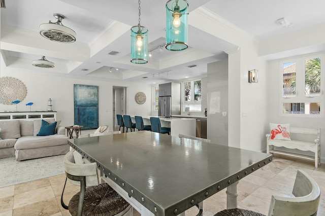 4835 Ocean Blvd, Destin, FL 32541 - dining space with coffered ceiling, crown molding, beamed ceiling, and visible vents