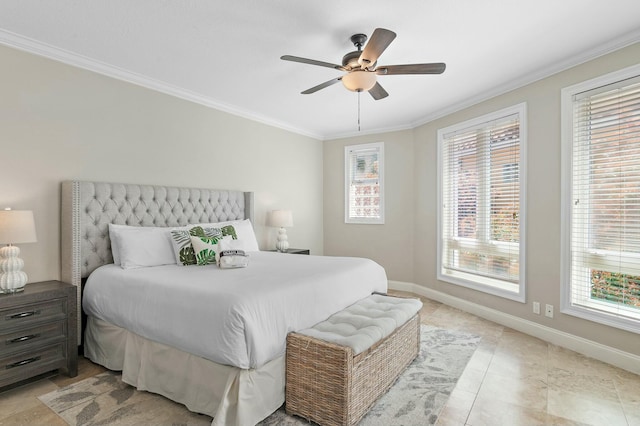 4835 Ocean Blvd, Destin, FL 32541 - bedroom with a ceiling fan, baseboards, ornamental molding, and light tile patterned flooring