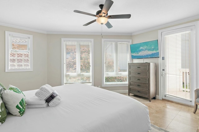 4835 Ocean Blvd, Destin, FL 32541 - bedroom with light tile patterned floors, access to exterior, ceiling fan, and crown molding