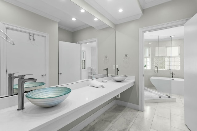 4835 Ocean Blvd, Destin, FL 32541 - bathroom with recessed lighting, vanity, crown molding, baseboards, and a soaking tub