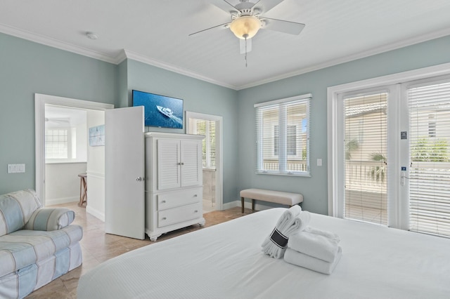 4835 Ocean Blvd, Destin, FL 32541 - bedroom featuring ceiling fan, access to outside, ornamental molding, and multiple windows