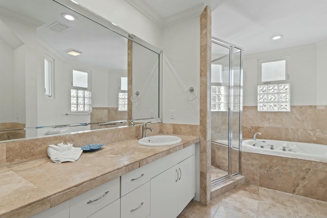4835 Ocean Blvd, Destin, FL 32541 - bathroom featuring a shower stall, a healthy amount of sunlight, ornamental molding, and visible vents