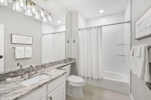 full bathroom with toilet, recessed lighting, vanity, and shower / bath combination with curtain